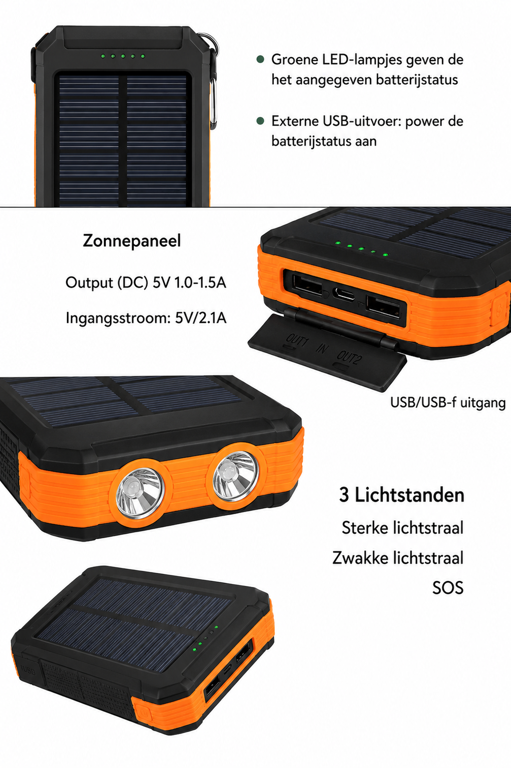Solar Powerbank 10.000mAh met LED Zaklamp